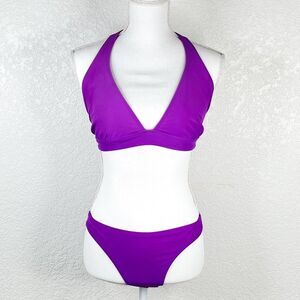 Basic Purple Triangle Halter Adjustable Bikini Set Medium